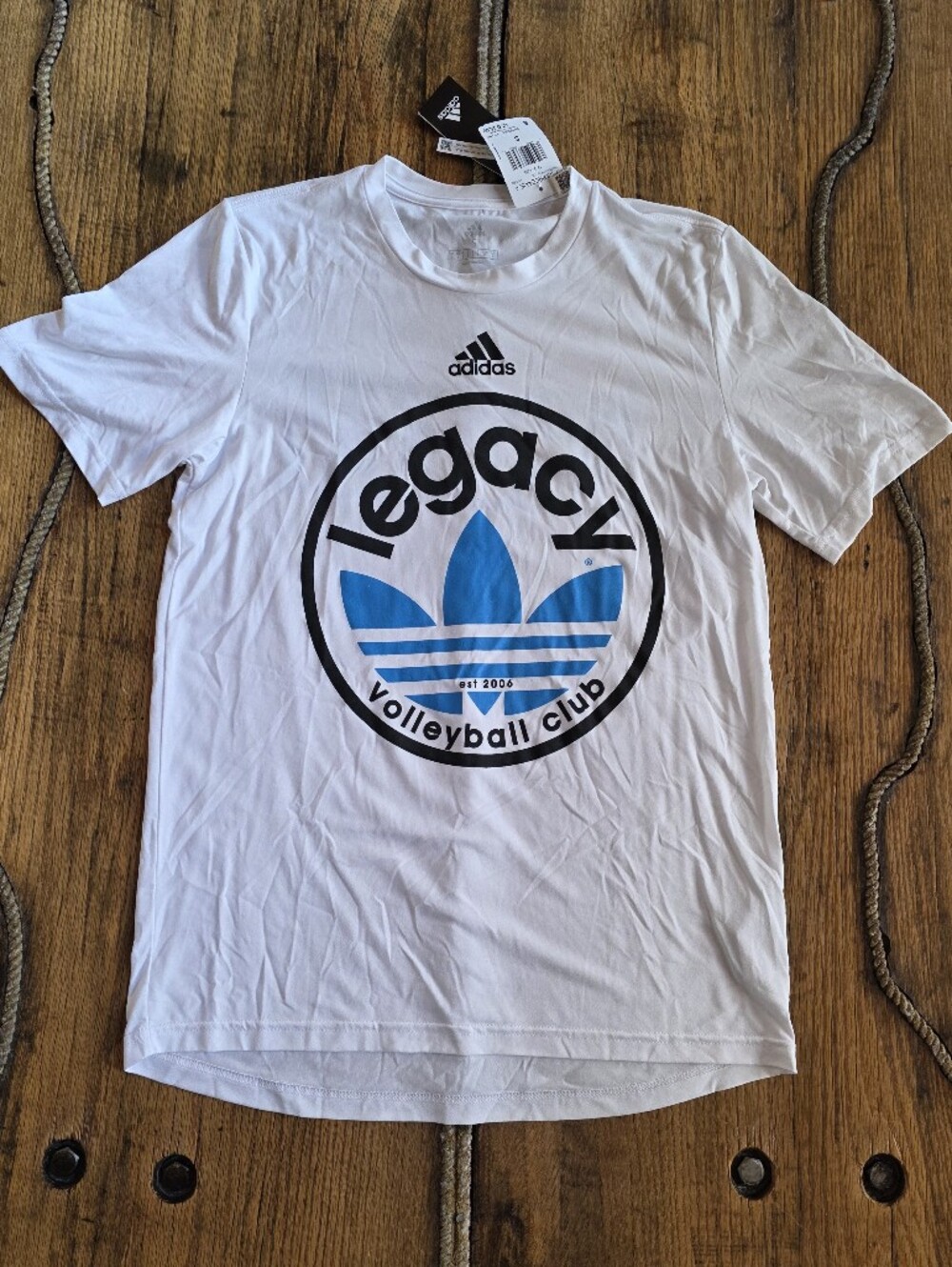 NWT Adidas White Short-Sleeve Tee with Blue Legacy Volleyball Print Women Small